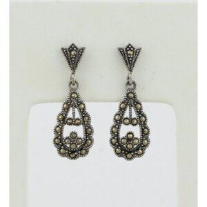 Sterling Silver Marcasite Scallop Design Earrings Dangle Drop 1 1/4" x 3/8"